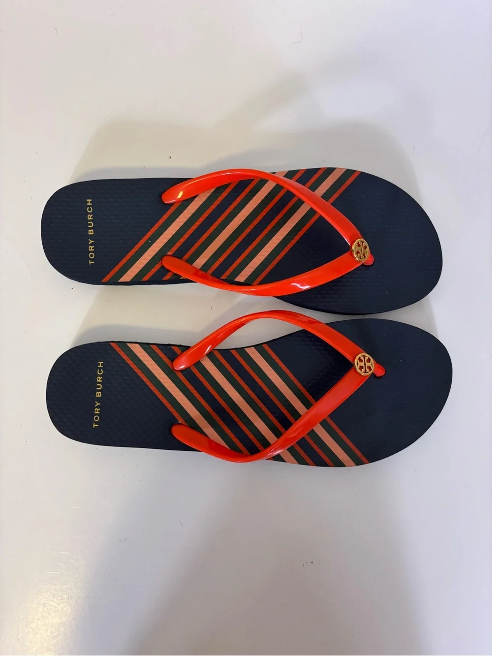 Tory Burch Navy Flip Flops with Orange Straps Sandals Women’s 9